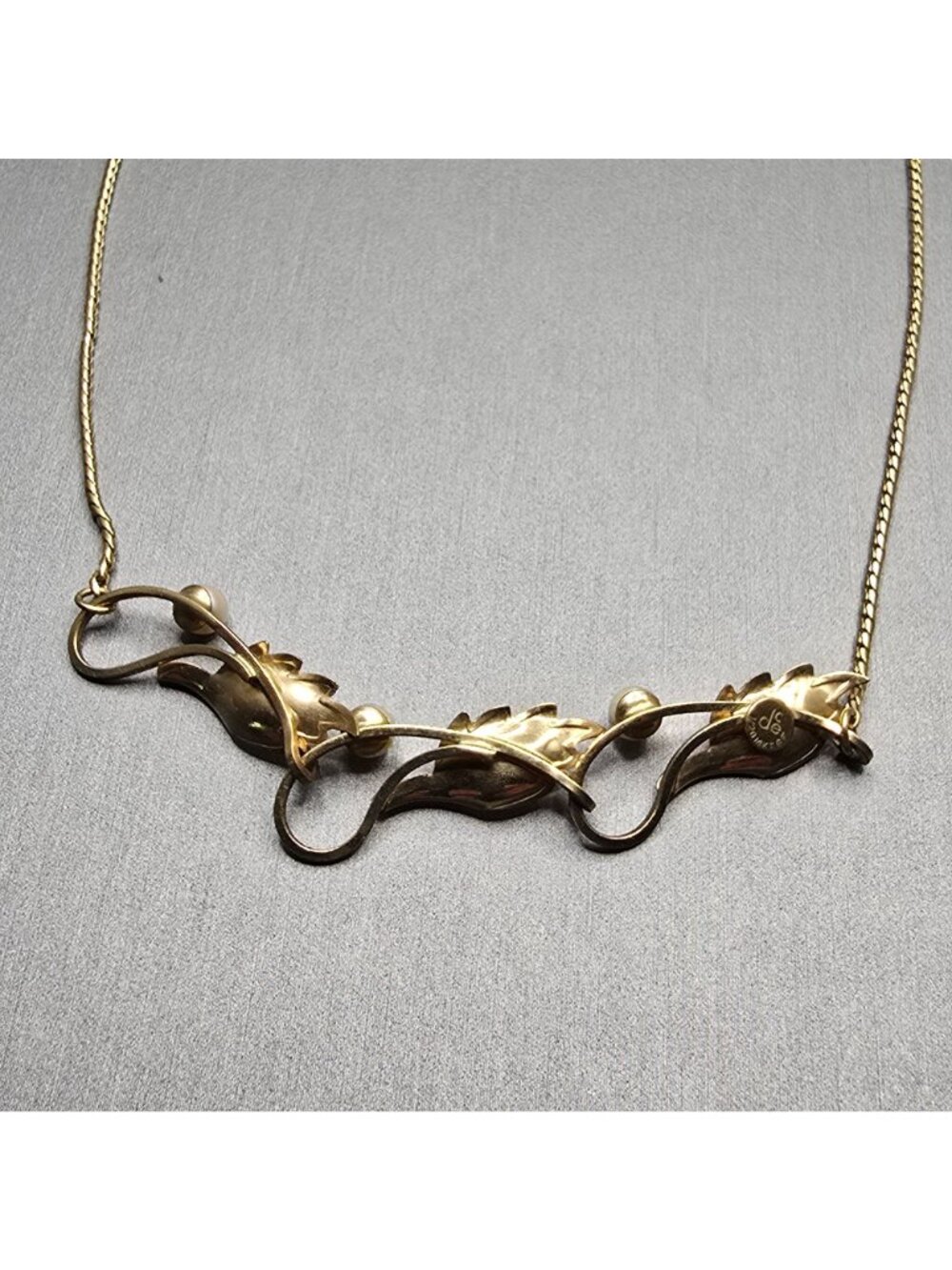Vintage De Curtis DCE 14K Gold Filled Pearl Leaf Choker Necklace 14" Mid Century - Picture 9 of 16